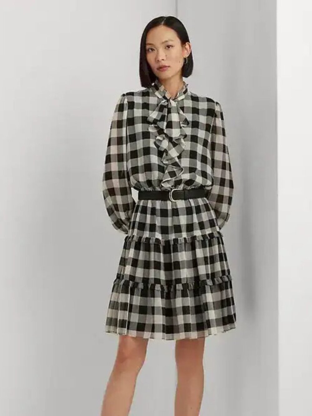 Lauren Ralph Lauren Buffalo Check Ruffled Georgette Dress Sz 16